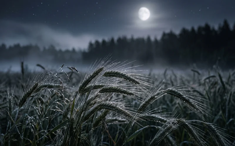 Mond über Ähren und Gräsern vor einem nächtlichen Waldrand